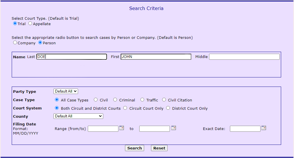 Screenshot of Case Search record