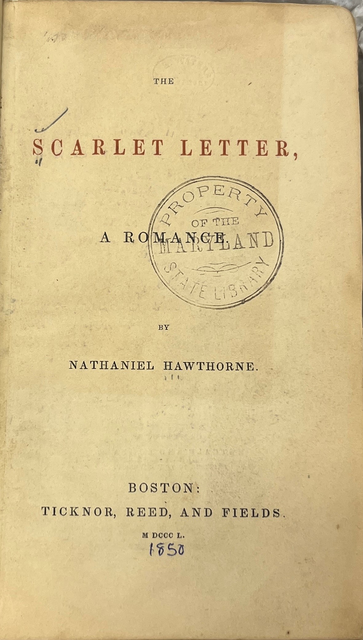 Title page of 1850 edition of The Scarlet Letter