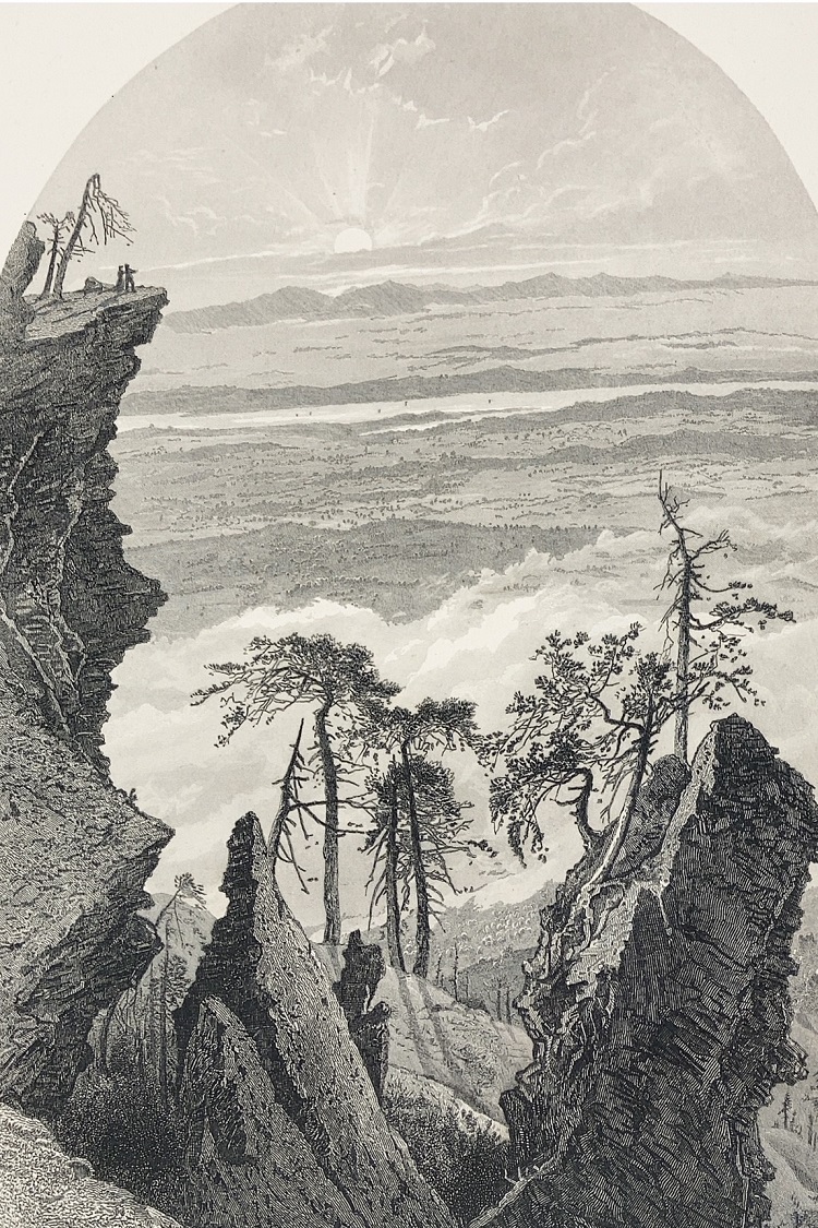 Image of etching of Sunrise from South Mountain of the Catskills