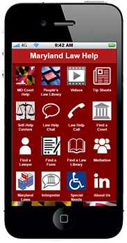 Smart phone showing MD Law Help App 